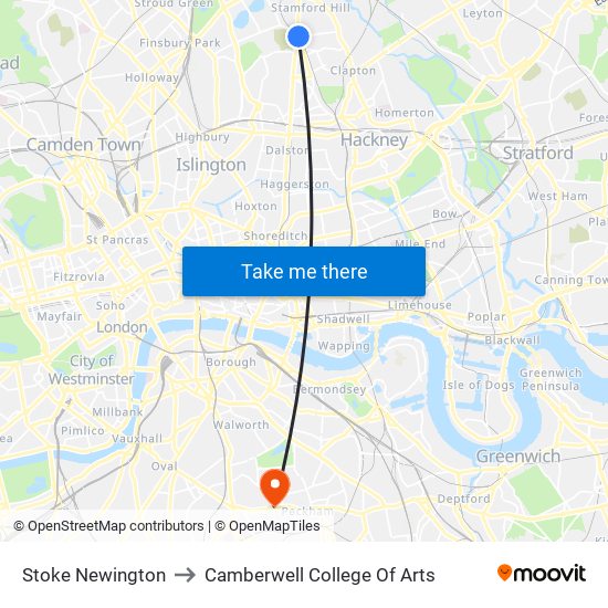 Stoke Newington to Camberwell College Of Arts map