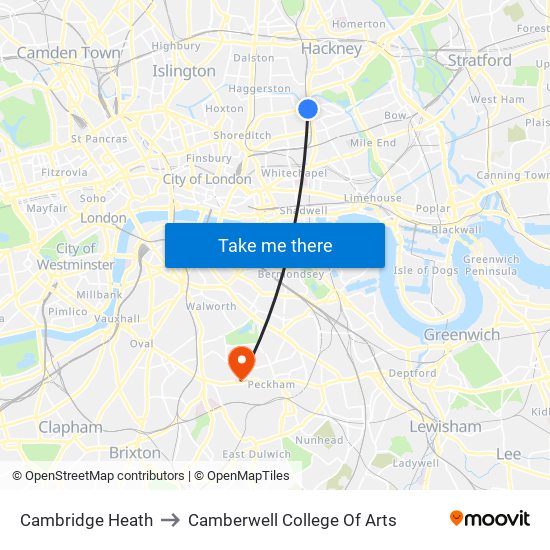 Cambridge Heath to Camberwell College Of Arts map