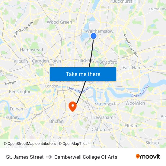 St. James Street to Camberwell College Of Arts map