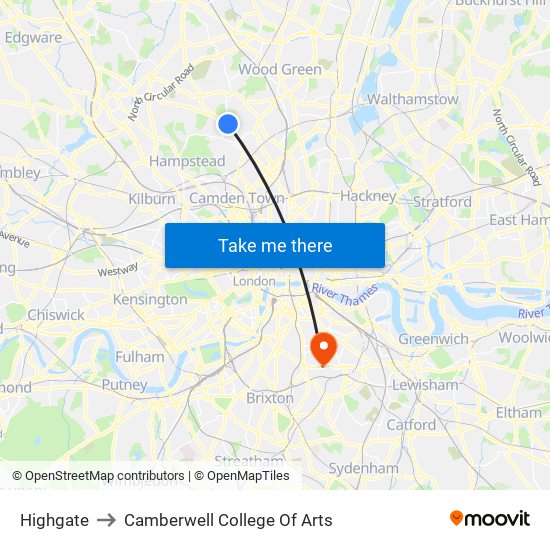 Highgate to Camberwell College Of Arts map