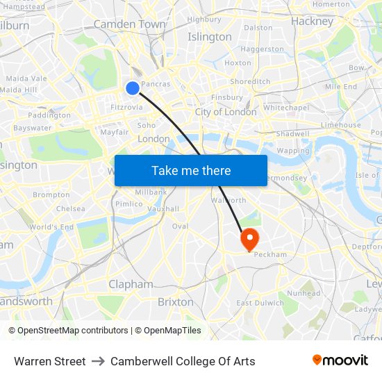 Warren Street to Camberwell College Of Arts map