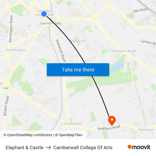 Elephant & Castle to Camberwell College Of Arts map