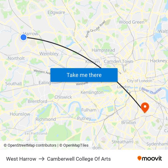 West Harrow to Camberwell College Of Arts map