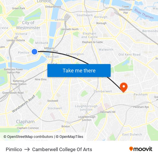 Pimlico to Camberwell College Of Arts map