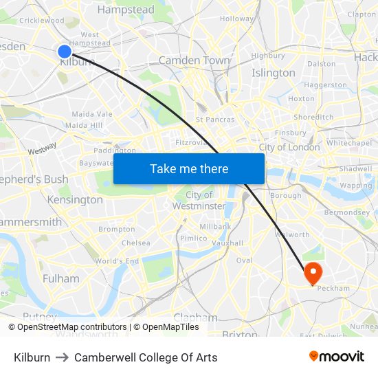 Kilburn to Camberwell College Of Arts map