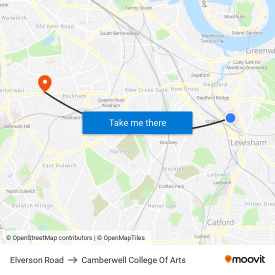 Elverson Road to Camberwell College Of Arts map