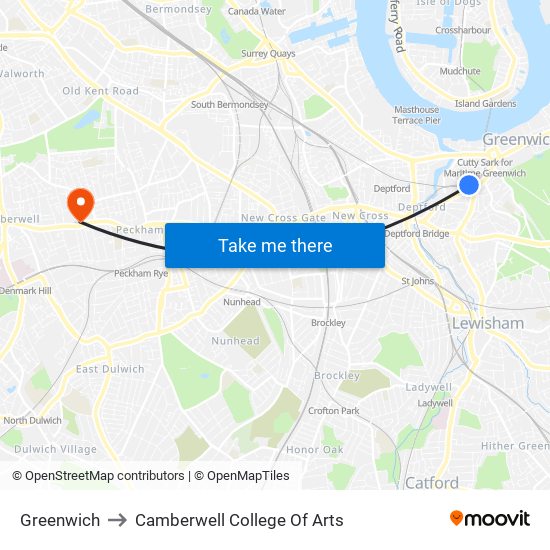 Greenwich to Camberwell College Of Arts map