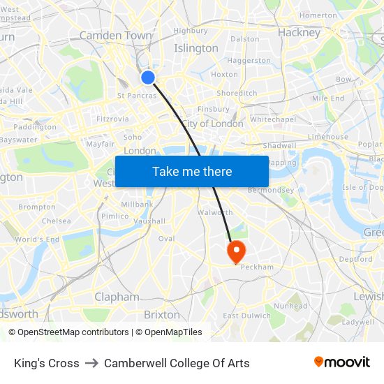 King's Cross to Camberwell College Of Arts map