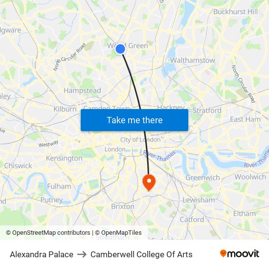 Alexandra Palace to Camberwell College Of Arts map