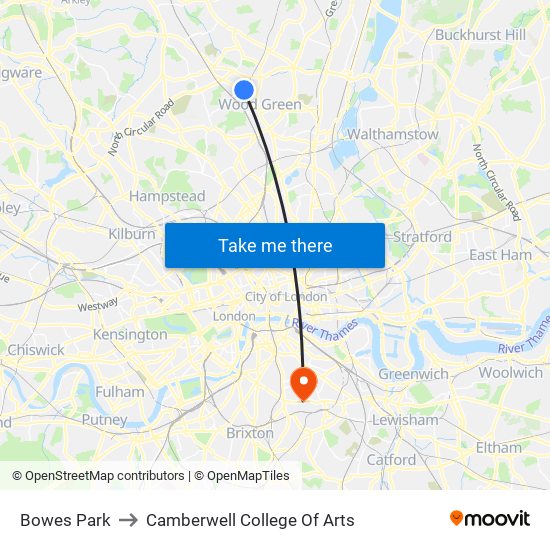 Bowes Park to Camberwell College Of Arts map