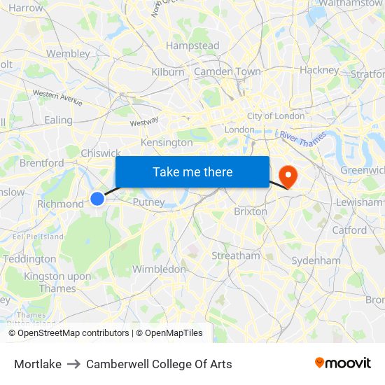 Mortlake to Camberwell College Of Arts map