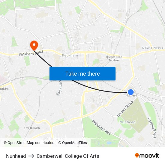 Nunhead to Camberwell College Of Arts map