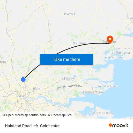 Halstead Road to Colchester map