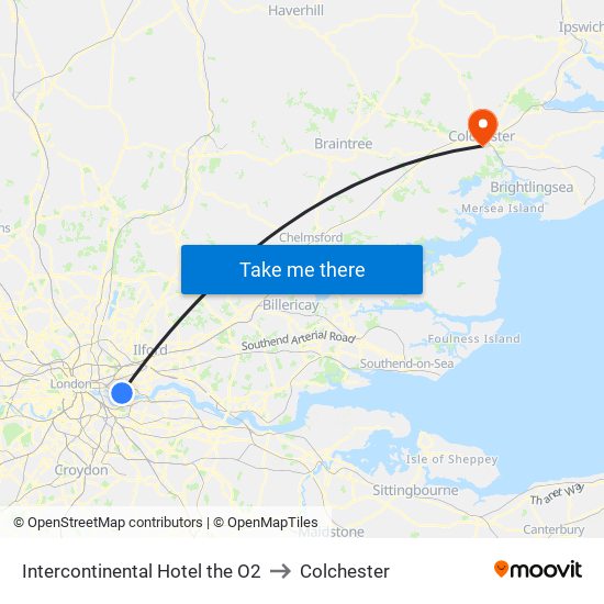 Intercontinental Hotel the O2 to Colchester map