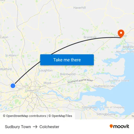 Sudbury Town to Colchester map
