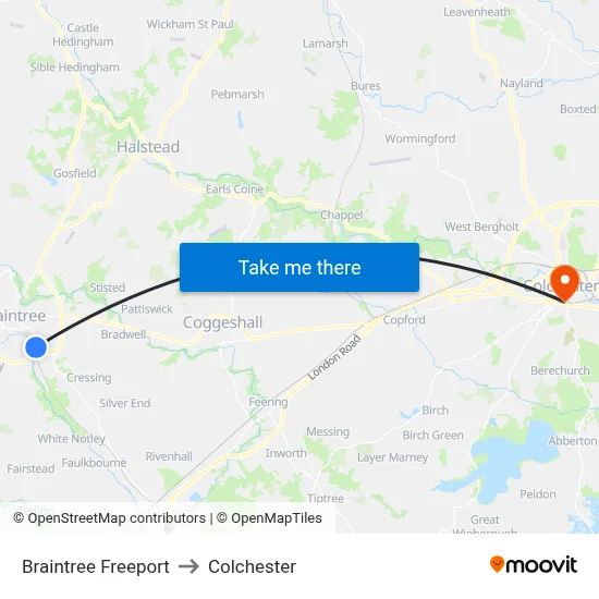 Braintree Freeport to Colchester map