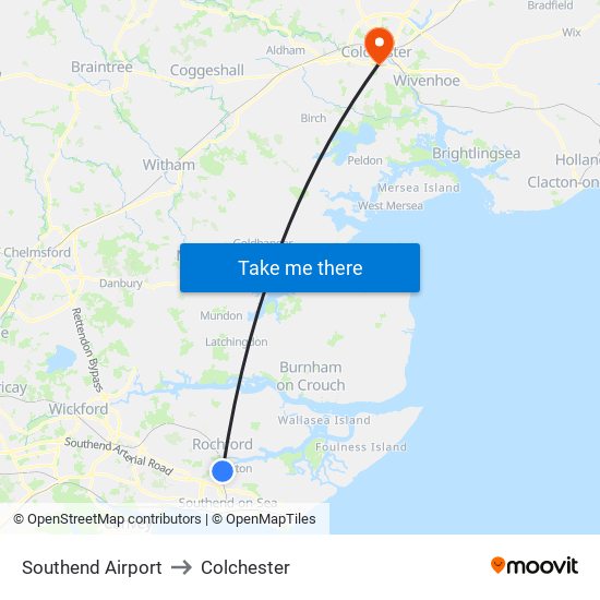 Southend Airport to Colchester map