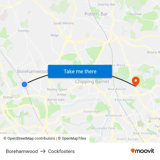 Borehamwood to Cockfosters map