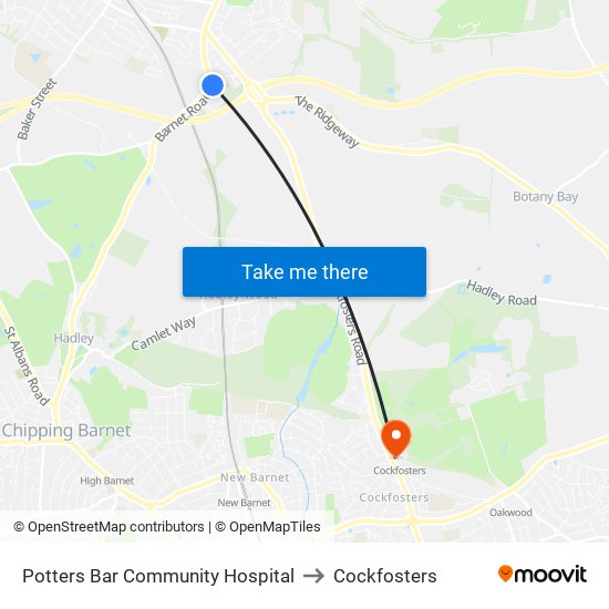 Potters Bar Community Hospital to Cockfosters map