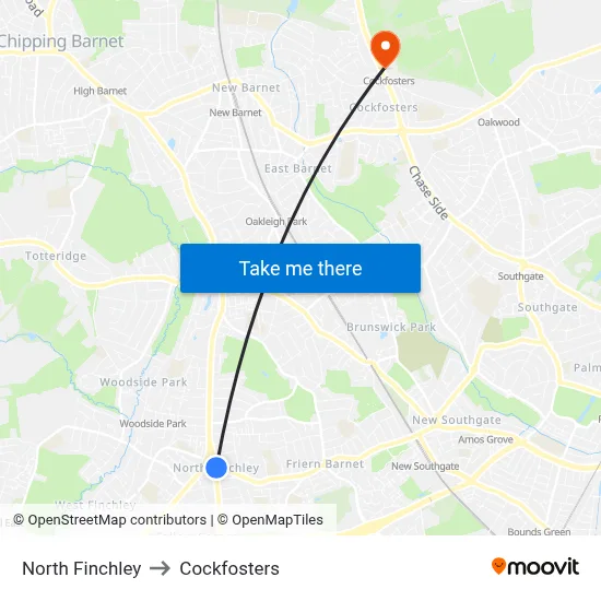 North Finchley to Cockfosters map