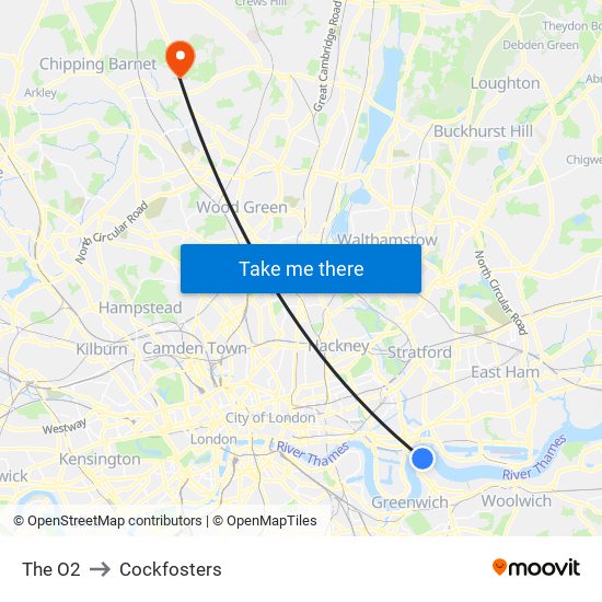 The O2 to Cockfosters map