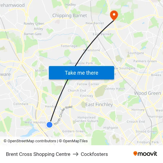 Brent Cross Shopping Centre to Cockfosters map