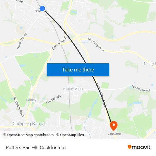 Potters Bar to Cockfosters map