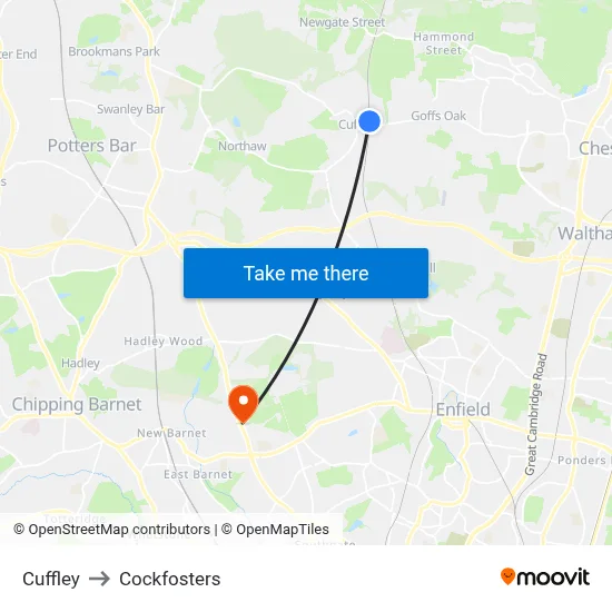 Cuffley to Cockfosters map