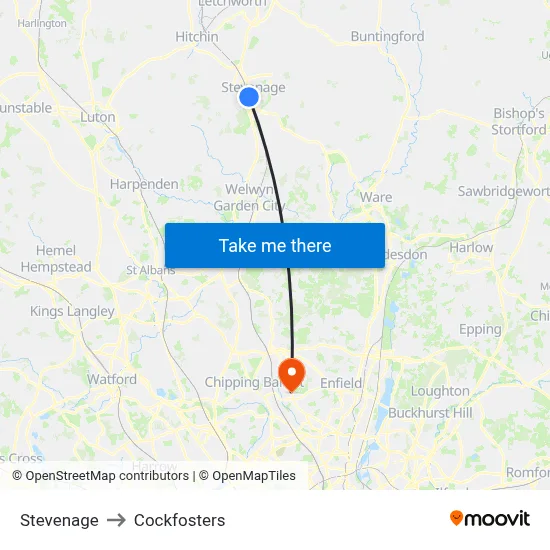 Stevenage to Cockfosters map