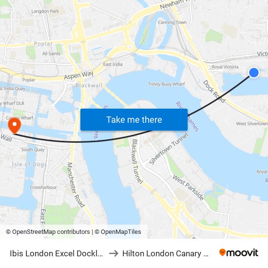 Ibis London Excel Docklands to Hilton London Canary Wharf map