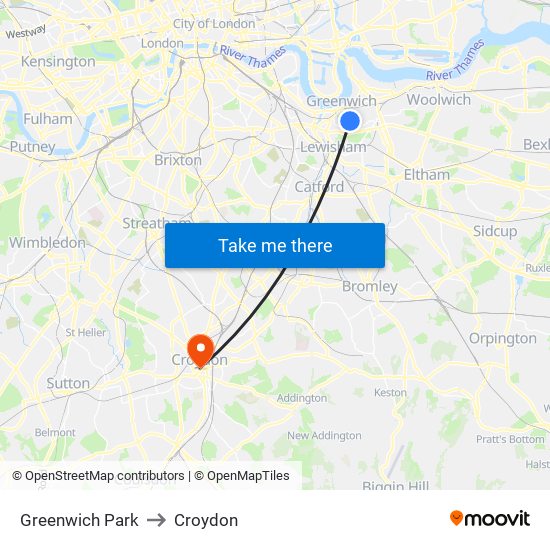 Greenwich Park to Croydon map