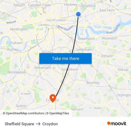 Sheffield Square to Croydon map