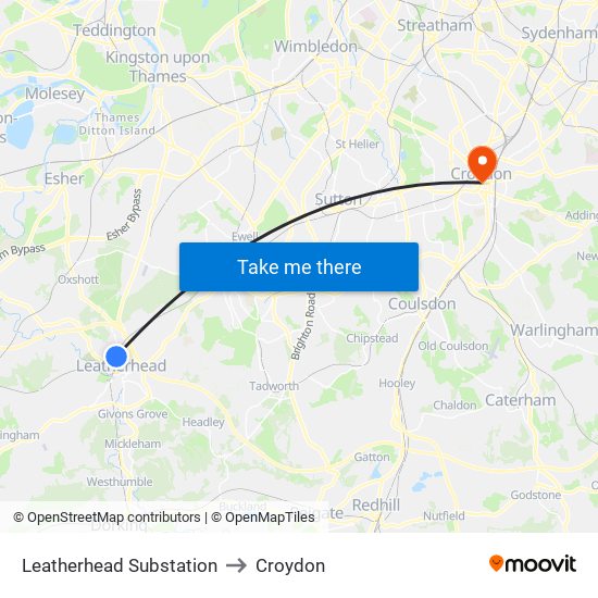 Leatherhead Substation to Croydon map