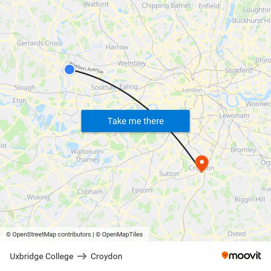 Uxbridge College to Croydon map