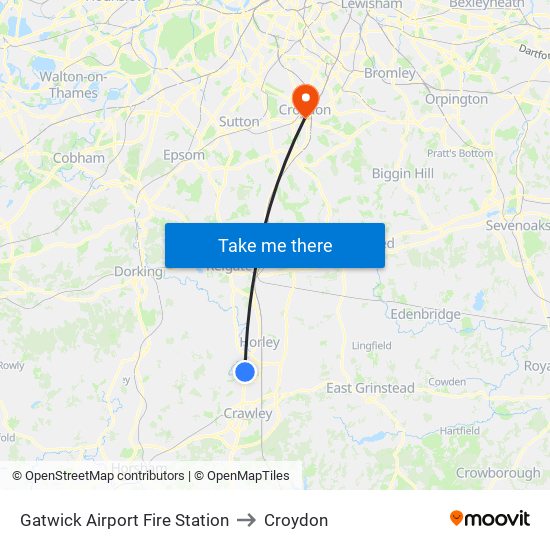 Gatwick Airport Fire Station to Croydon map