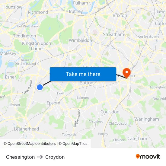 Chessington to Croydon map