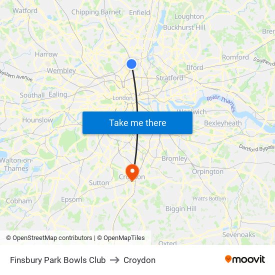 Finsbury Park Bowls Club to Croydon map
