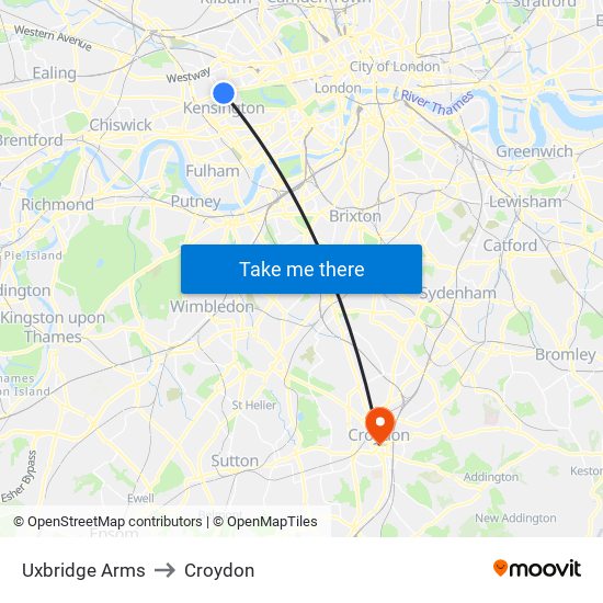 Uxbridge Arms to Croydon map