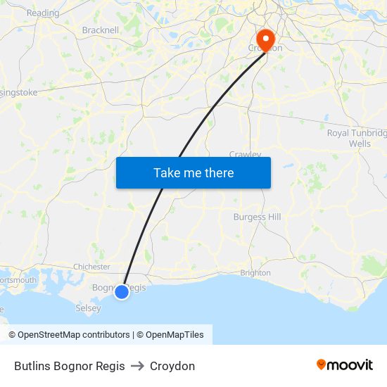Butlins Bognor Regis to Croydon map