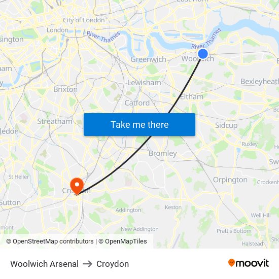 Woolwich Arsenal to Croydon map