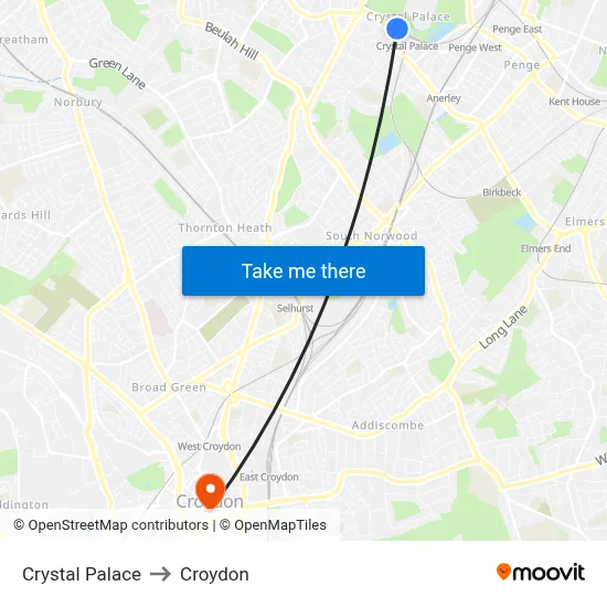 Crystal Palace to Croydon map