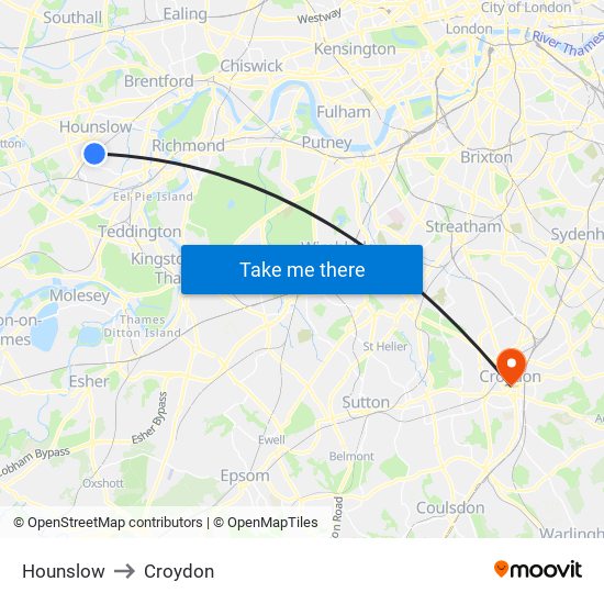 Hounslow to Croydon map
