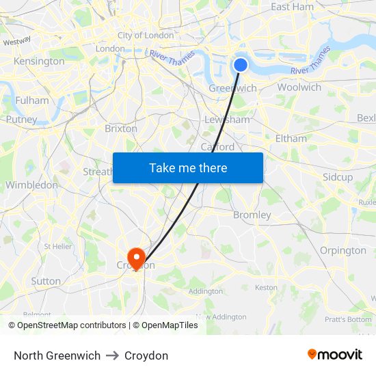 North Greenwich to Croydon map