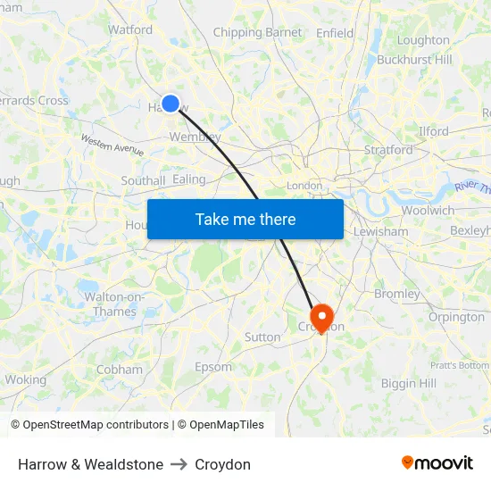 Harrow & Wealdstone to Croydon map