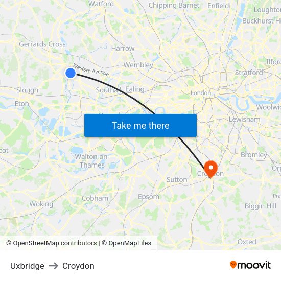Uxbridge to Croydon map
