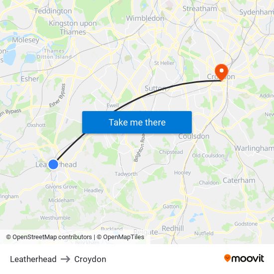 Leatherhead to Croydon map
