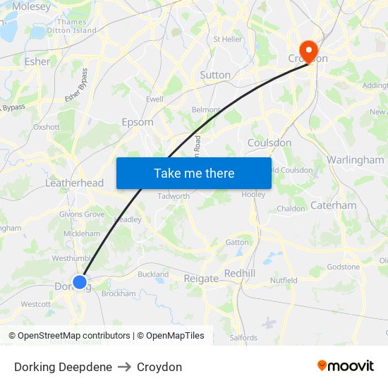 Dorking Deepdene to Croydon map