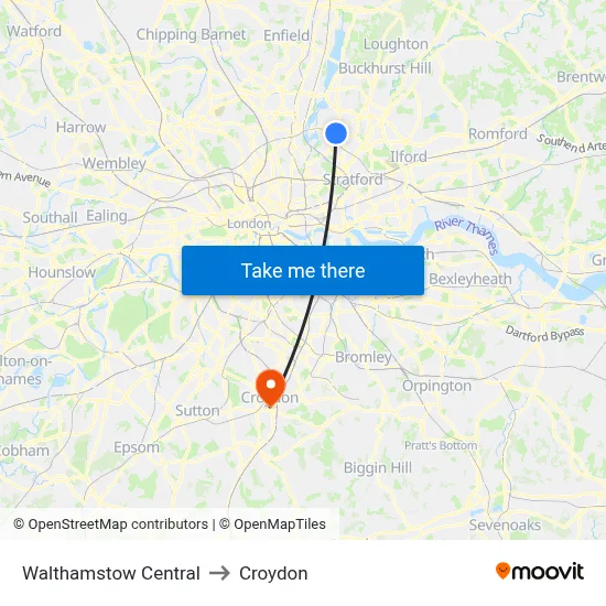 Walthamstow Central to Croydon map