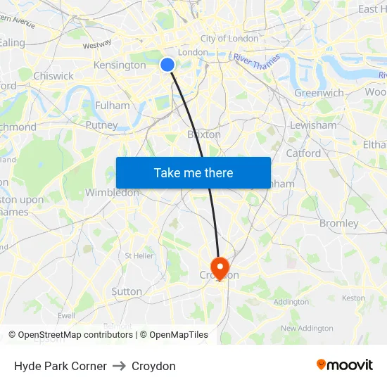 Hyde Park Corner to Croydon map