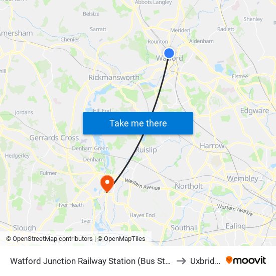 Watford Junction Railway Station (Bus Station) to Uxbridge map